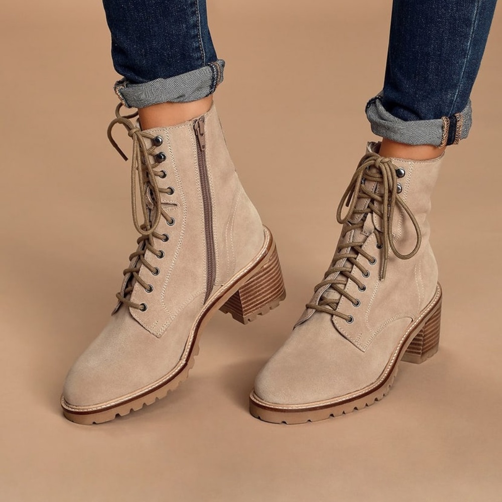 NWOT Lulu's Seychelles Irresistible Sand Suede Leather Mid-Calf Lace-Up Boots